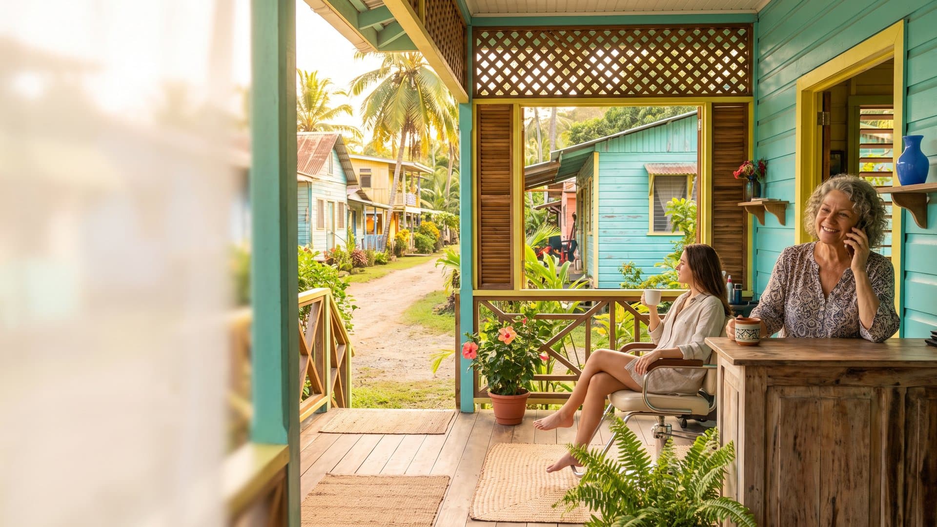 Mujer sonriente habla por teléfono en la veranda de una casa caribeña de madera en Puerto Viejo