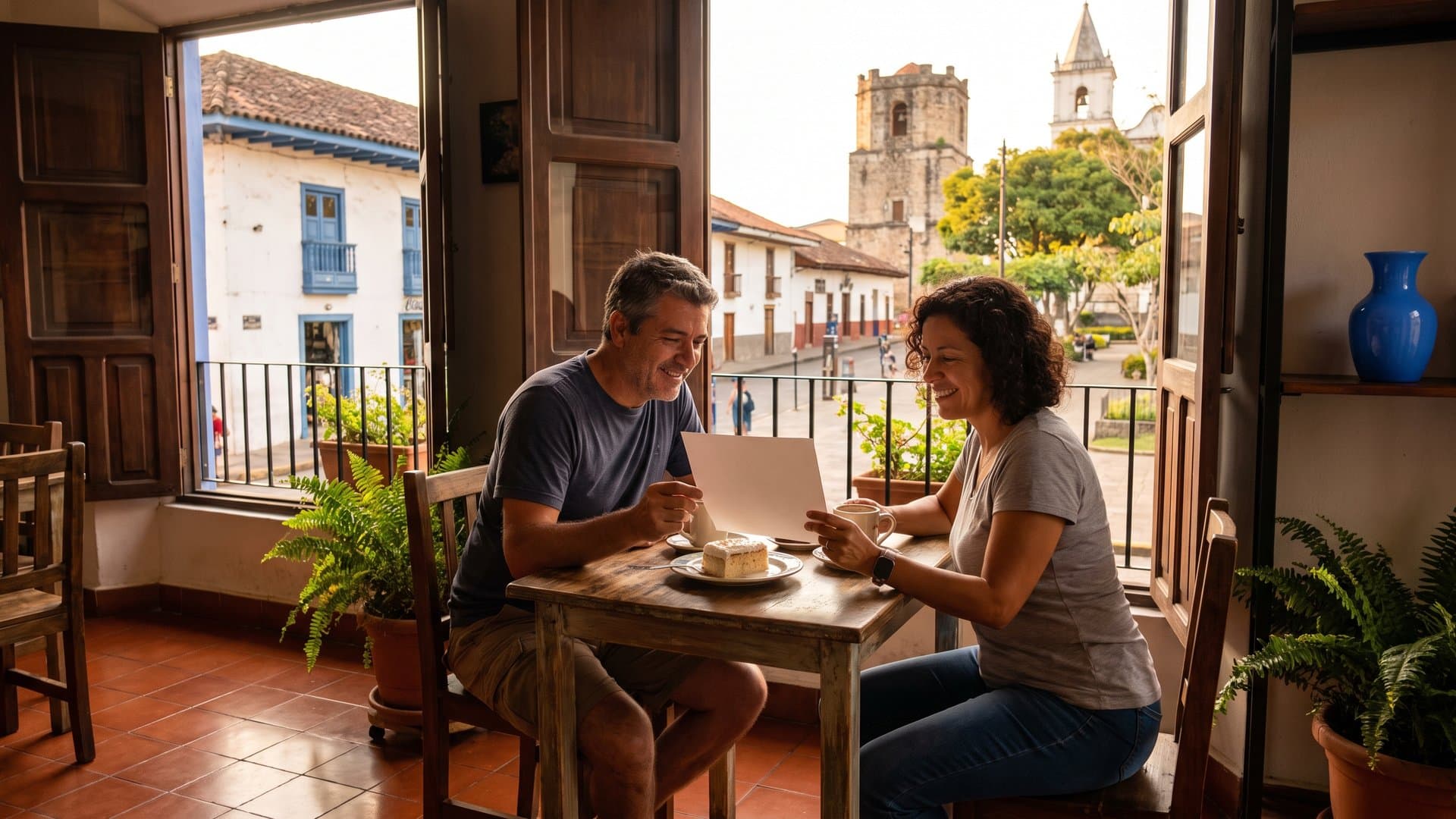 Pareja que tiene una pequeña panadería revisa un plan sencillo con un café