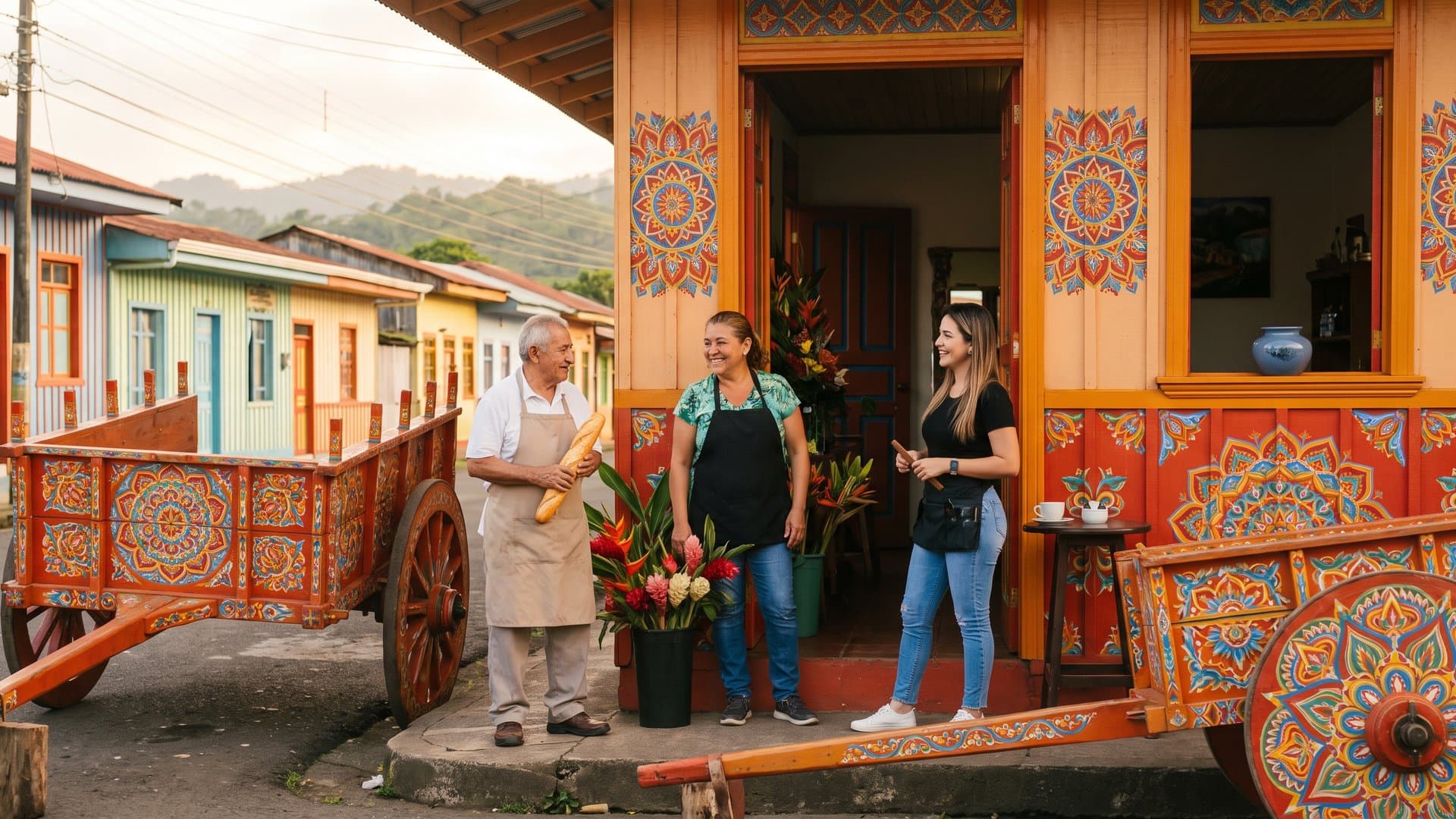 Calle de pequeños comercios a la hora dorada, los dueños conversan en sus puertas