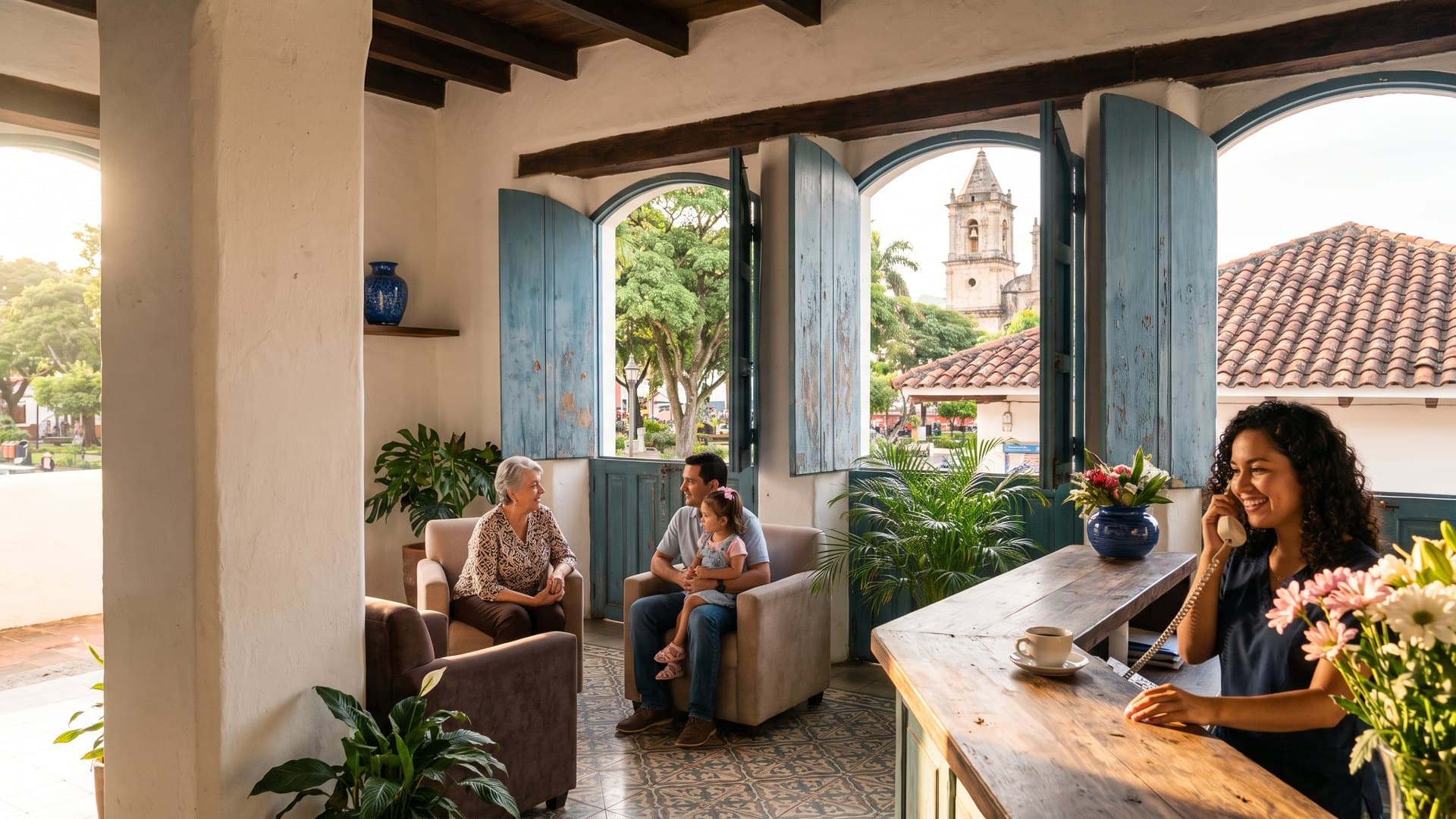 Recepcionista sonriente al teléfono en una clínica dental dentro de una casa colonial de Heredia; en la sala de espera, una señora mayor y un papá con su hija; por las ventanas de postigos azules se ven el parque central y la iglesia colonial