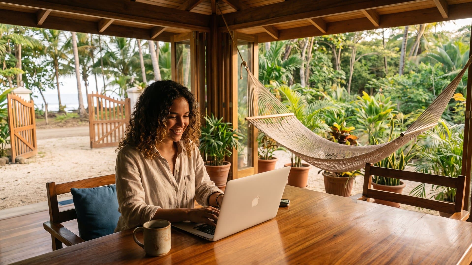 Dueña de una casa de huéspedes responde el chat de su sitio web desde la veranda