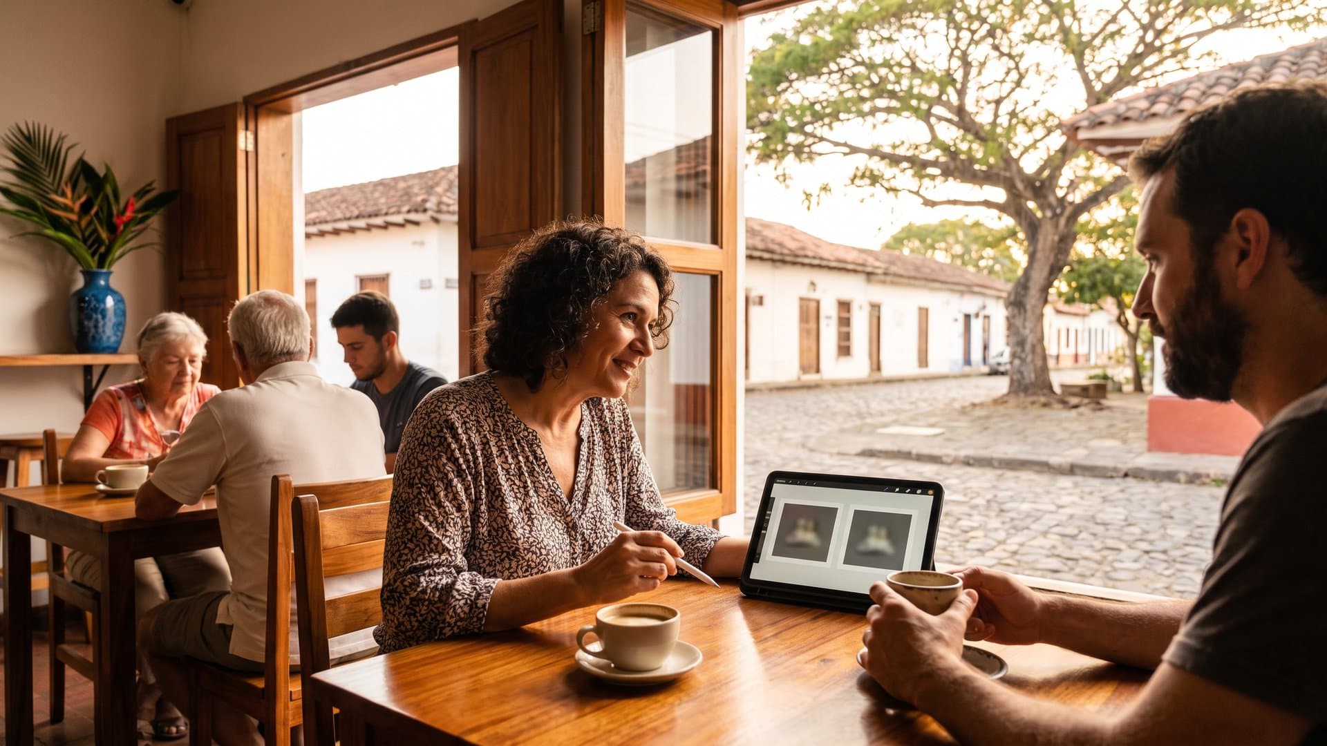 Emprendedora compara dos opciones en una tablet en una cafetería