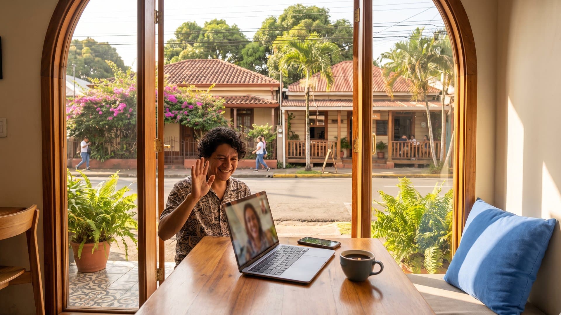 Mesa junto a la ventana con laptop, teléfono y una taza de café