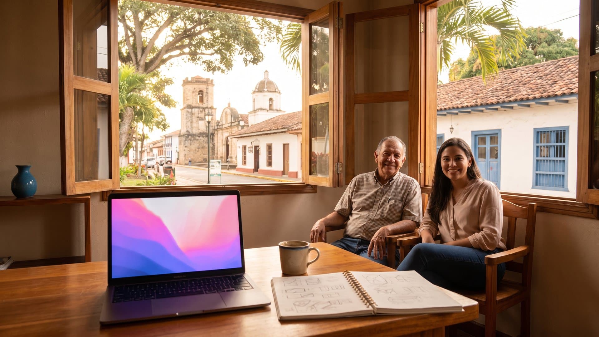 Rincón tranquilo de oficina con laptop, cuaderno y café junto a una ventana alta