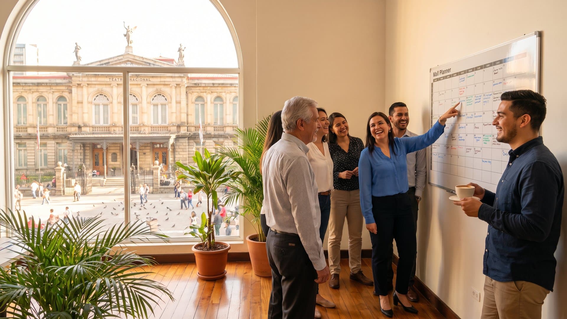 Equipo de un grupo de clínicas dentales en una sala de reuniones luminosa