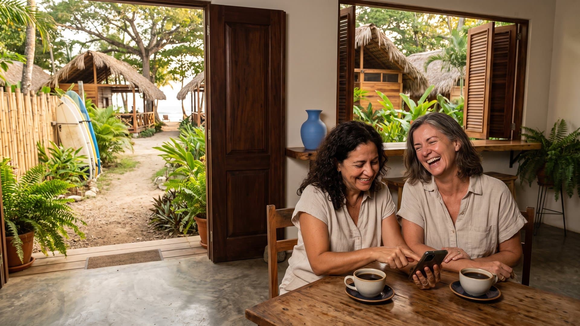 Dos amigas emprendedoras conversan con un café en la terraza de una cafetería